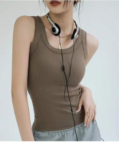 Brown ribbed tank top with integrated padding, paired with lounge pants
