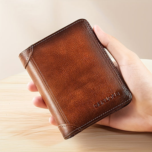 Brown vintage leather wallet held in hand, tri-fold style front view