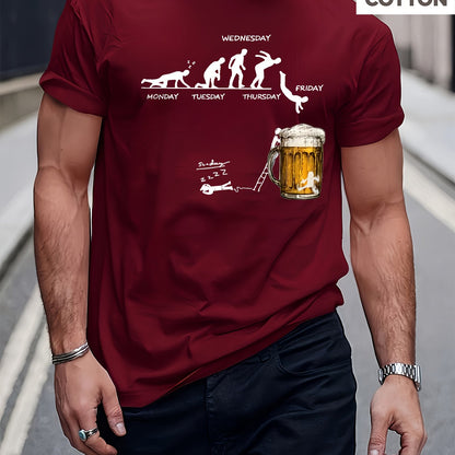Burgundy cotton T-shirt with weekday humor print and beer mug design, front display