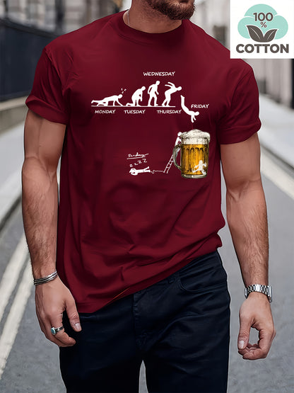 Burgundy cotton graphic T-shirt with weekday humor print and beer mug design, front view
