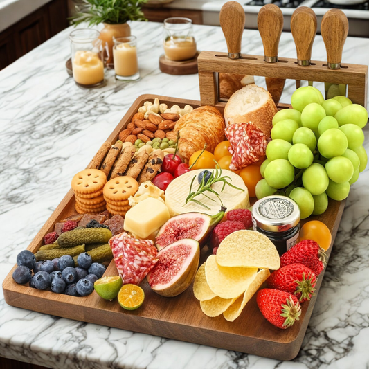 Charcuterie board with assorted fruits, cheeses, crackers and salami on marble kitchen countertop