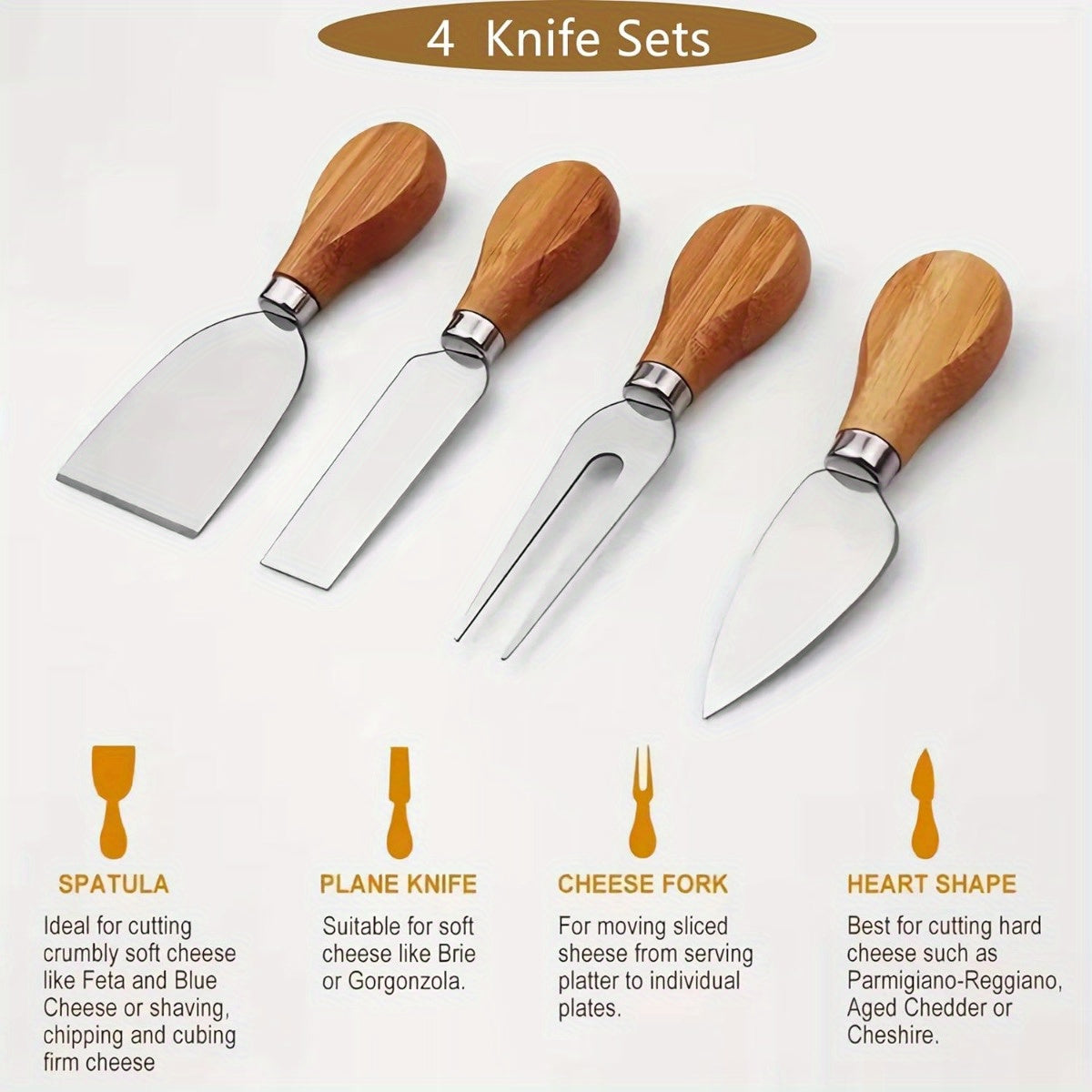Close-up of 4-piece cheese knife set with wooden handles for charcuterie boards