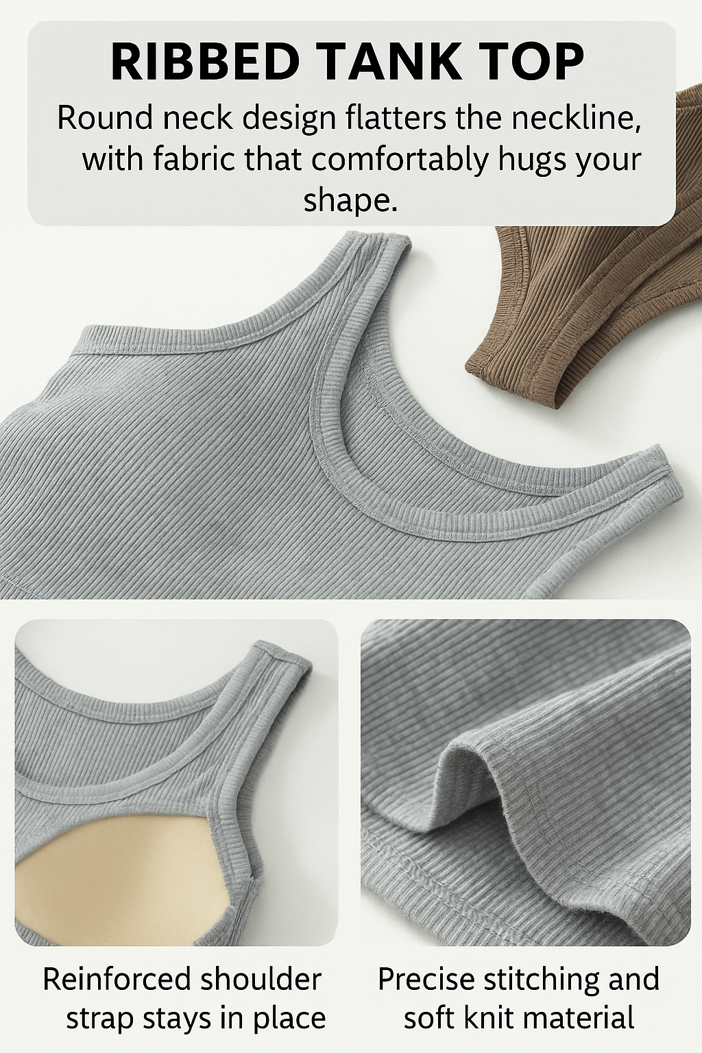 Close-up of gray ribbed tank top fabric and shoulder straps