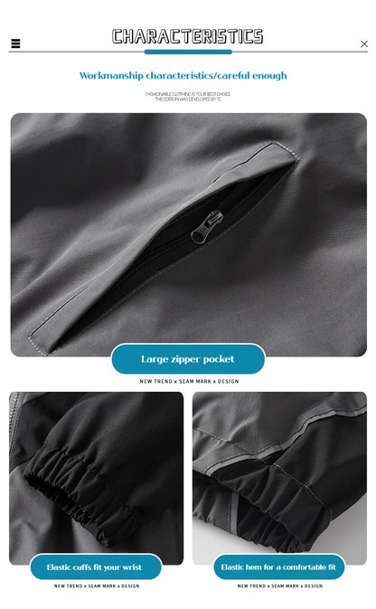 Close-up of reflective stripe detail on men’s windbreaker reflective sports jacket