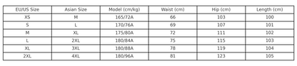 Converted EU/US men’s size chart comparing Asian sizes with waist, hip, and length data