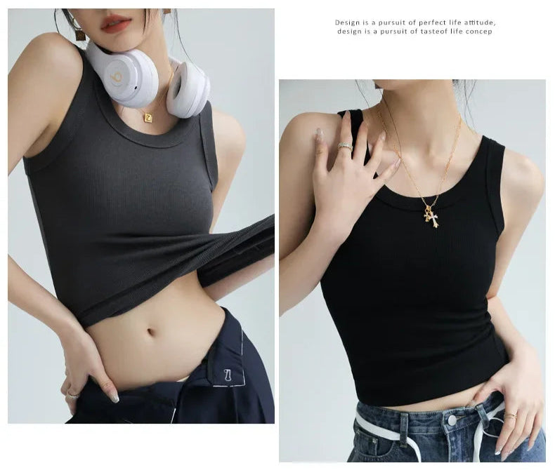 Dark Gray and Black ribbed tank tops with built-in bra cups, sleeveless fitted design