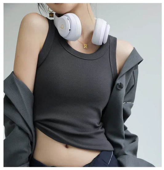 Dark gray ribbed tank top with built-in chest pad, front view