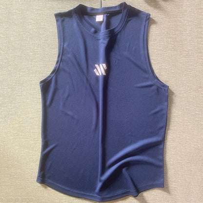 Flat lay of navy blue mesh training tank top with reflective chest logo