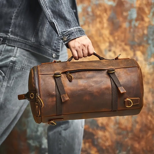 ForgeTrail top-grain leather backpack in hand, duffel carry mode, denim outfit background