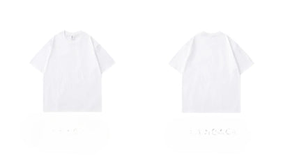 Front and back view of basic white 300g cotton T-shirt on plain background