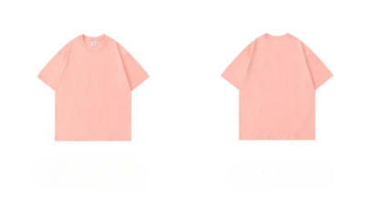 Front and back view of peach pink heavyweight cotton T-shirt on white background