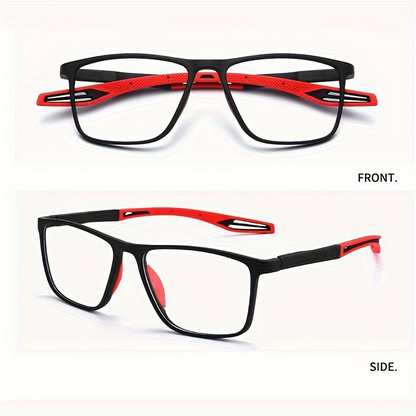 Front and side views of black sport reading glasses with bold red accents and red nose pads