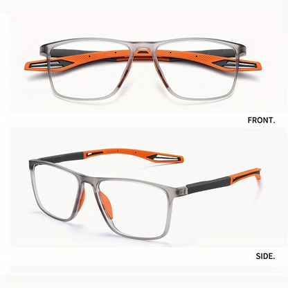 Front and side views of smoky gray sport reading glasses with orange temples and nose pads