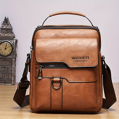 Front view of Montero Milan vintage men’s shoulder bag in tan with flap and zipper details