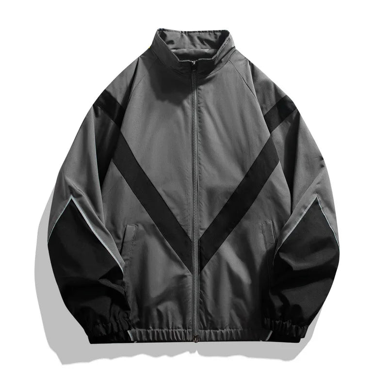 Front view of black and gray windbreaker reflective sports jacket with V-stripe design