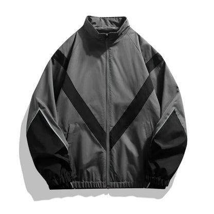 Front view of black and gray windbreaker reflective sports jacket with V-stripe design