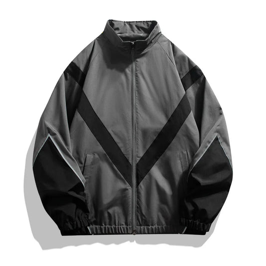 Front view of black and gray windbreaker reflective sports jacket with V-stripe design