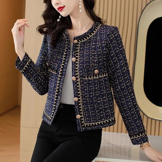 Front view of navy tweed chain-trim short jacket for women