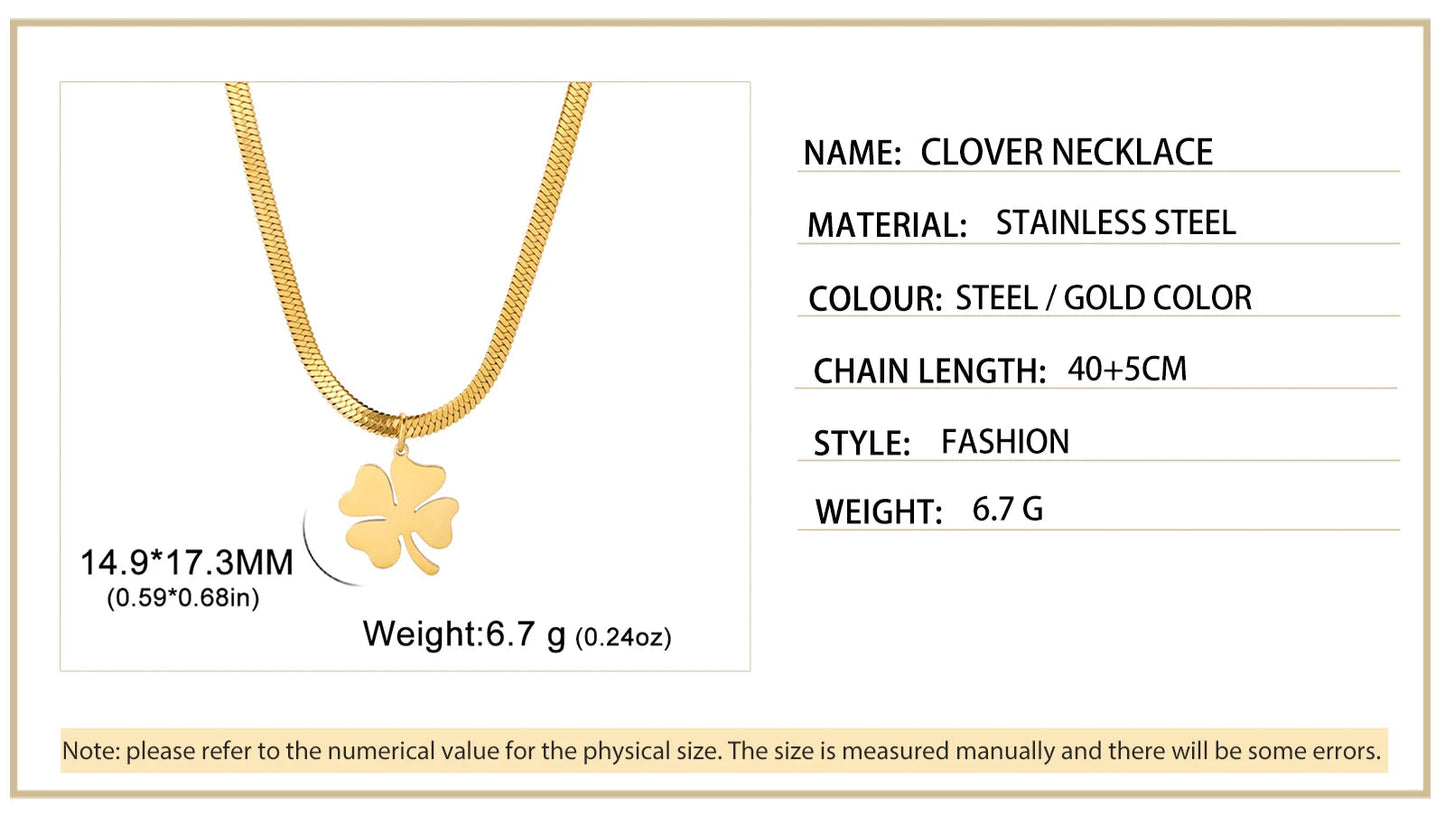 Gold clover necklace product specification chart with material, size, and weight details