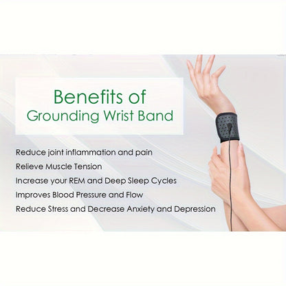 Graphic listing grounding wristband benefits including sleep and circulation