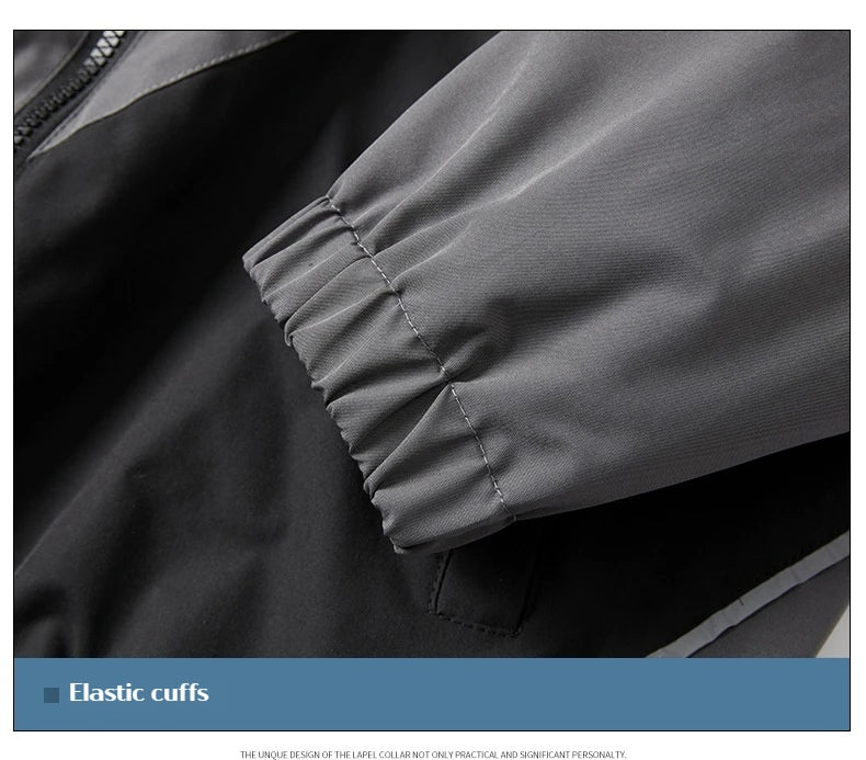 Inside seam and zipper close-up of men’s reflective sports windbreaker jacket
