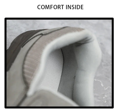 Interior padding of grey leather casual shoe showing soft lining and comfort-focused design