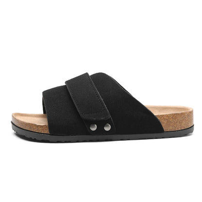 Khaki sandal side angle showing hook-and-loop closure and cork insole