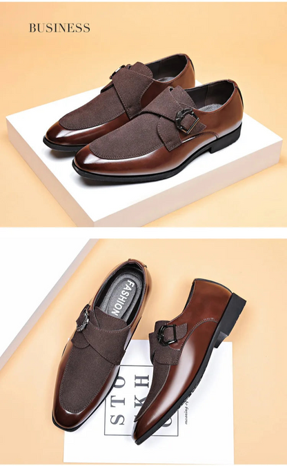 Lifestyle flat lay of brown men’s leather loafers and accessories