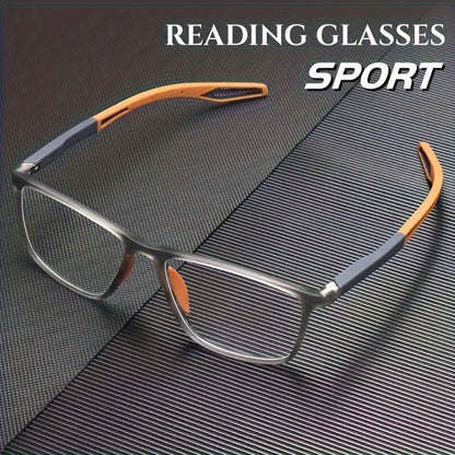 Lightweight sport reading glasses with orange arms and flexible design