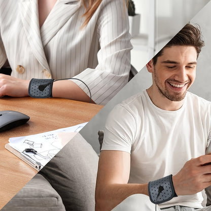 Man and woman wearing grounding wrist straps while working and relaxing indoors