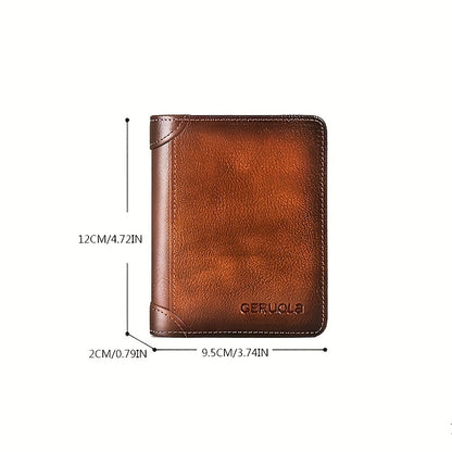 Measurements of brown leather wallet, showing height, width, and thickness in cm/inches
