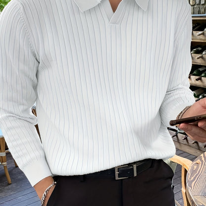 Men's bright white stretch knit polo sweater with ribbed texture