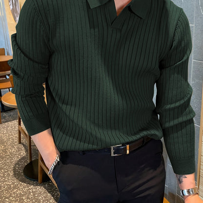 Men's dark green knit polo sweater with ribbed texture, front view