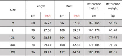 Men’s gym tank top size chart with bust, length, height, and weight measurements