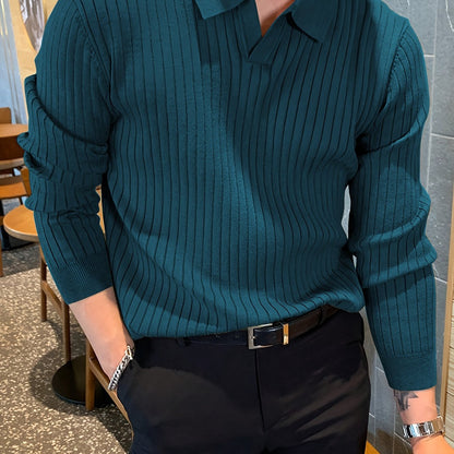 Men's teal blue ribbed knit polo sweater with notch collar