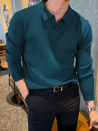 Men's teal ribbed knit polo sweater with V-neck collar