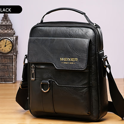 Men’s vintage crossbody shoulder bag in black, shown from front angle with zipper and handle