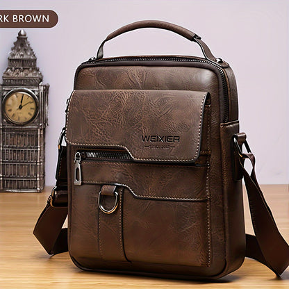 Men’s vintage crossbody shoulder bag in dark brown, shown from front angle with zipper and handle
