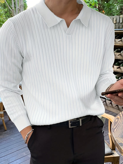 Men's white ribbed knit polo sweater with polo collar