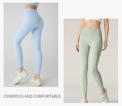 Models in baby blue and mint green yoga leggings standing side by side