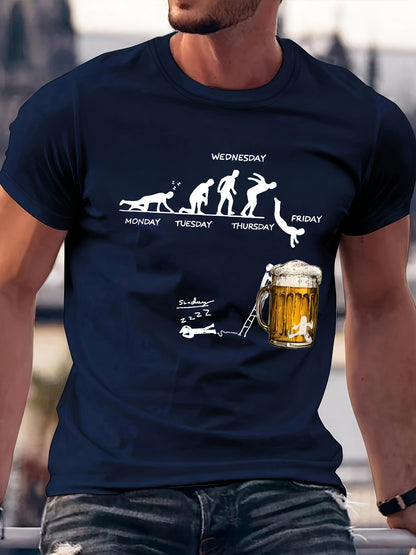 Navy blue cotton graphic T-shirt with weekday evolution print and beer mug design, front view