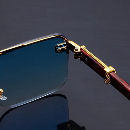 Rear view of frameless sunglasses showing gradient lenses and curved wooden temple tips