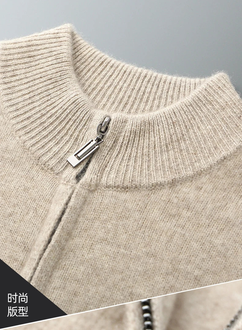 100% Merino Wool Men's Warm Sweater Mock Collar Thickened Zippered Cardigan Autumn Winter New Cashmere Knitted Long Sleeve Tops
