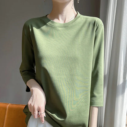 Mercerized Cotton Cropped Sleeve Female Spring And Summer 2023 New Round Neck Loose 100% Cotton Short Sleeve Bottoming T-Shirt