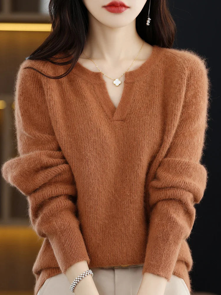 Elegant V-Neck Mink Cashmere Sweater