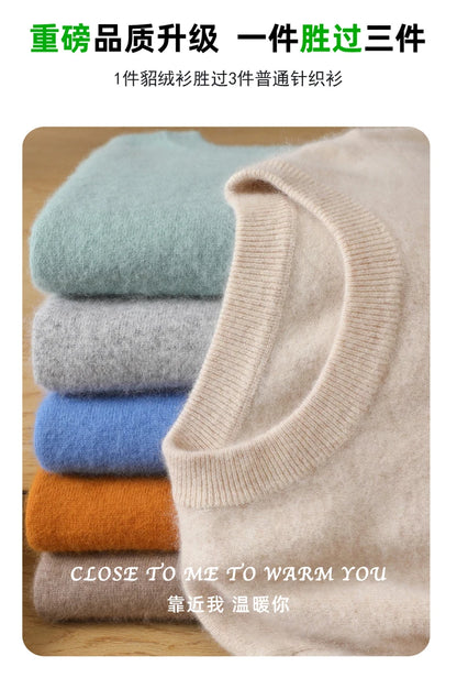 Men's 100% Pure Mink Cashmere Sweater O-Neck Pullovers Knit Sweater Autumn and Winter New Long Sleeve High-End Jumpers Mink Tops