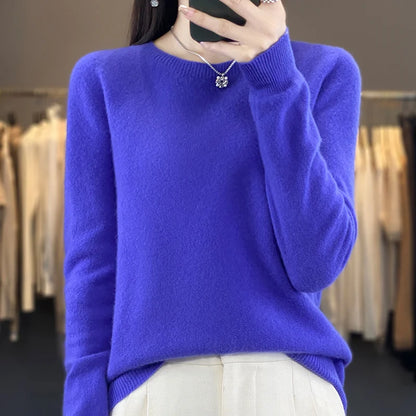 100% Merino Wool Sweater Women O-neck Cashmere Knitwear Female Pullover Autumn Winter Casual Tops Solid Color Soft  Clothing