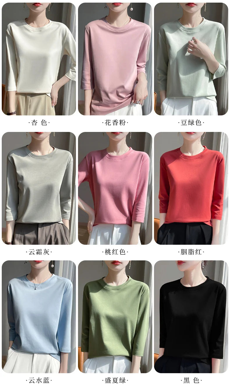 Mercerized Cotton Cropped Sleeve Female Spring And Summer 2023 New Round Neck Loose 100% Cotton Short Sleeve Bottoming T-Shirt