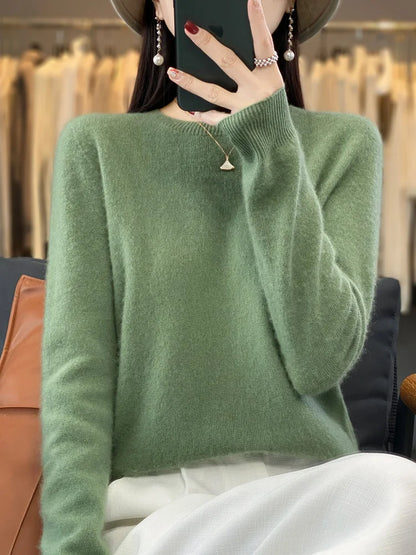 100% Merino Wool Sweater Women O-neck Cashmere Knitwear Female Pullover Autumn Winter Casual Tops Solid Color Soft  Clothing