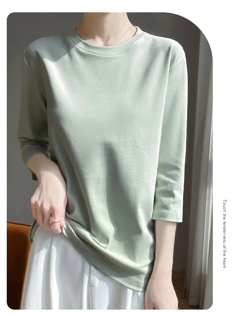 Mercerized Cotton Cropped Sleeve Female Spring And Summer 2023 New Round Neck Loose 100% Cotton Short Sleeve Bottoming T-Shirt